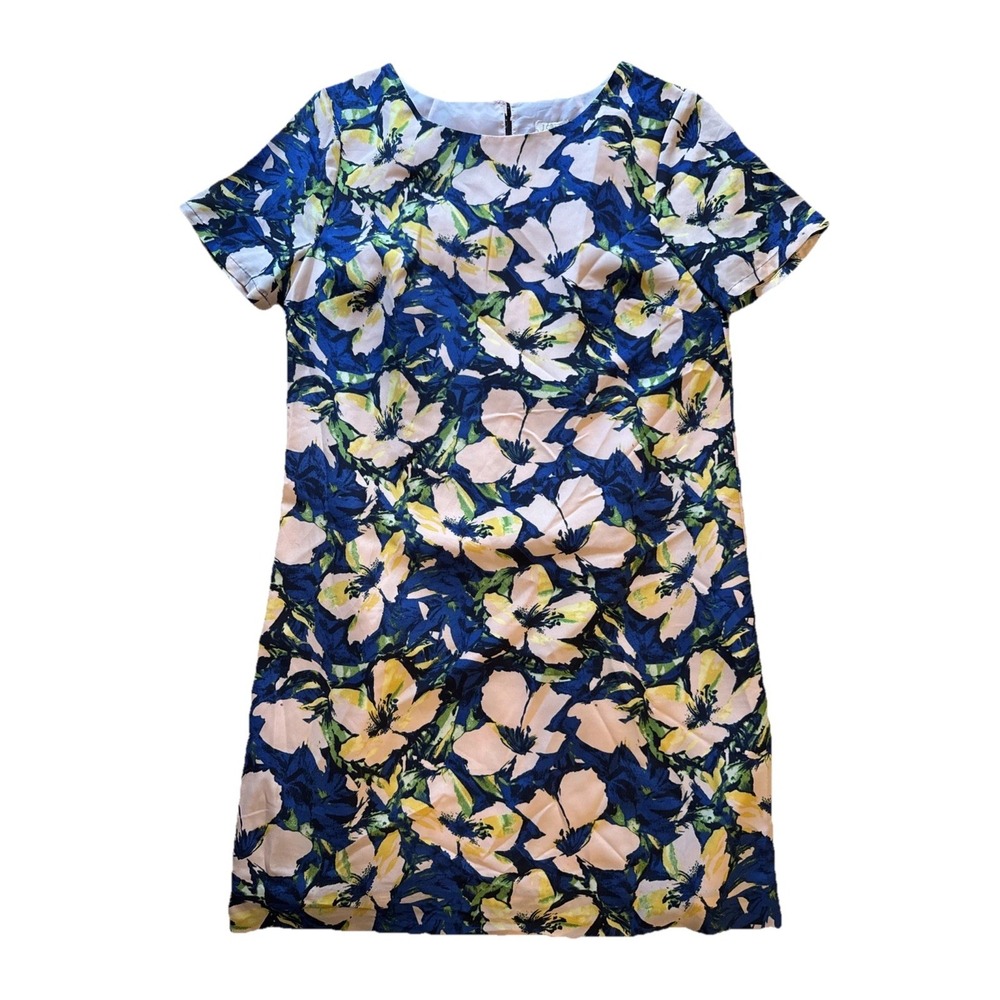 J Crew Dress Womens 2 Petite Blue Pink Floral Shift‎ Lined Garden Career Brunch